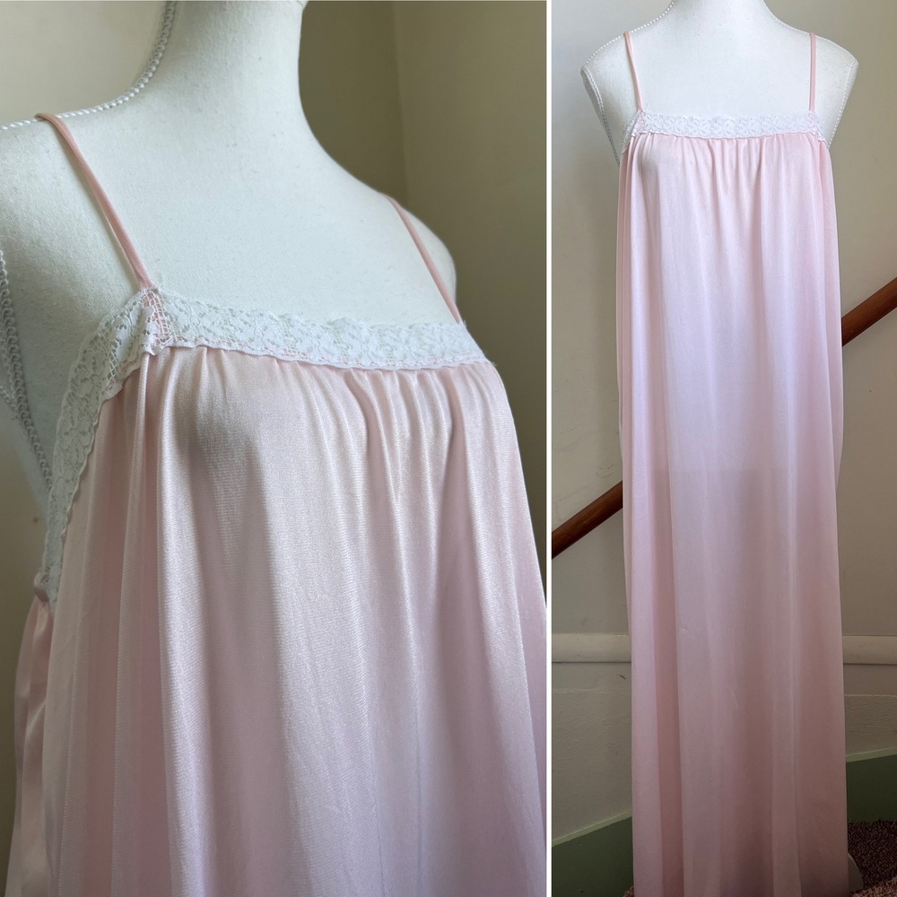 Vintage Nightgown Baby Pink Lace Trim Nylon Maxi Slip Dress 80s Romance Softgirl